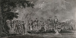 view Captain Cook landing on the island of Malakula facing a crowd of local inhabitants. Engraving by J. Basire, 1777, after W. Hodges.