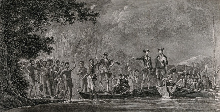 Captain Cook landing on the island of Malakula facing a crowd of local inhabitants. Engraving by J. Basire, 1777, after W. Hodges.