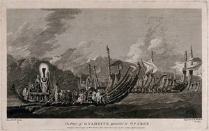 view The fleet of Tahiti assembled at Pare. Engraving by W. Woollett, 1777, after W. Hodges.