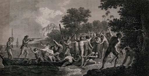 The landing of Captain Cook's men on the island of Erramanga amid a crowd of hostile natives. Engraving by J.K. Sherwin after W. Hodges, 1 February 1777.