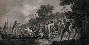 view The landing of Captain Cook's men on the island of Eromanga, Vanuatu, in August 1774, resisted by a crowd of hostile inhabitants. Engraving by J.K. Sherwin, 1777, after W. Hodges and G.B. Cipriani.