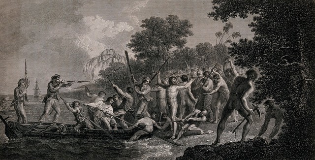 The landing of Captain Cook's men on the island of Eromanga, Vanuatu, in August 1774, resisted by a crowd of hostile inhabitants. Engraving by J.K. Sherwin, 1777, after W. Hodges and G.B. Cipriani.