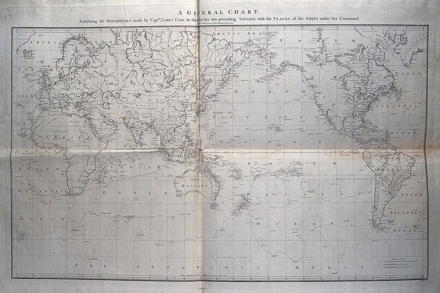 Map of Captain Cook's voyages. Engraving by W. Palmer after Lieutenant H. Roberts, 1785.