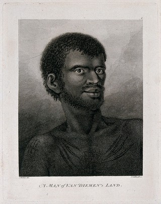 A man of Van Diemen's Land (Tasmania) encountered by Captain Cook during his third voyage, 1776-1780. Engraving by J. Caldwall, 1784 after J. Webber, 1777.