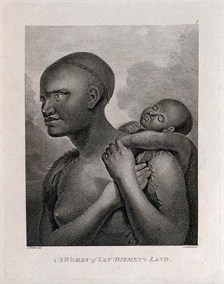 A woman of Van Diemen's Land. Engraving by J. Caldwall, 1784, after J. Webber, ca. 1777.