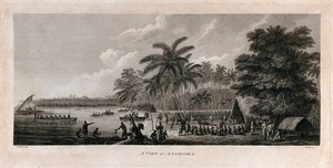 view Captain Cook and his crew setting up a market on the island of Nomuka, Tonga, for trade with local people, who are seated in a circle, May 1777. Engraving by W. Byrne after J. Webber, ca. 1782.