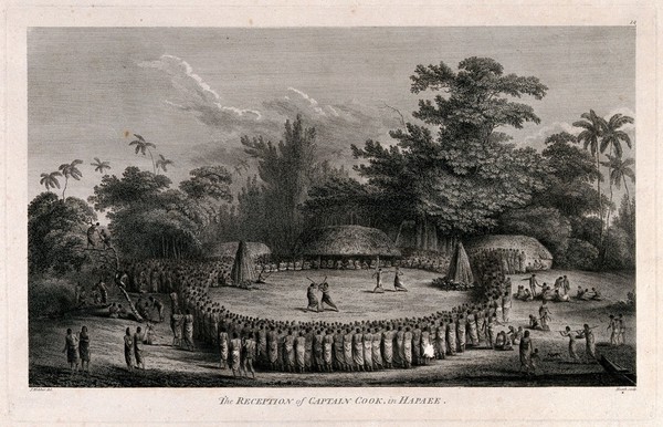 Two pairs of men fighting in combat, watched by a  crowd, on the island of Lifuka, Tonga, May 1777, in honour of Captain Cook. Engraving by J. Heath, 1784, after J. Webber.