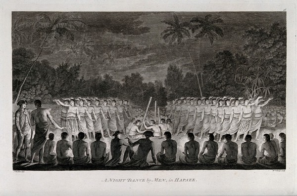 Men dancing in front of Captain Cook and members of his crew, on the island of Lifuka (Tonga). Engraving by W. Sharp, 1784, after J. Webber, ca. 1782.