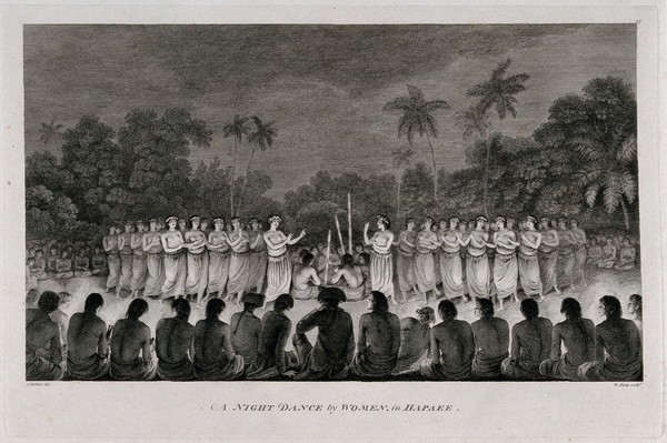 Women dancing in front of Captain Cook and members of his crew, on the island of Lifuka (Tonga). Engraving by W. Sharp, 1774, after J. Webber, ca. 1782.