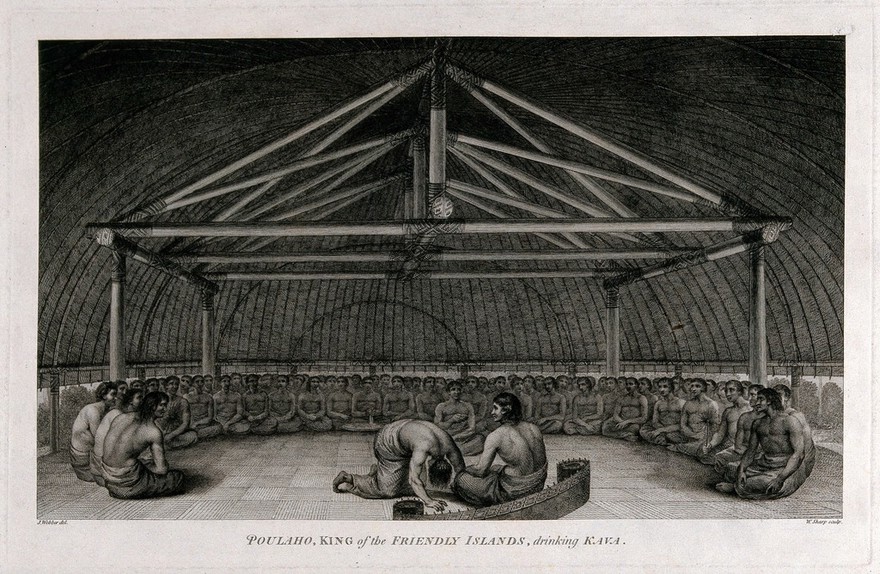 Poulaho, King of the Friendly islands (south Pacific), drinking kava during a ceremony. Engraving by W. Sharp after J. Webber, 1780/1785.