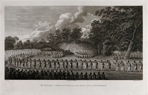 A ceremony in honour of the King's son, on the island of Tongataboo. Engraving by J. Hall and S. Middiman after J. Webber, 1780/1785.