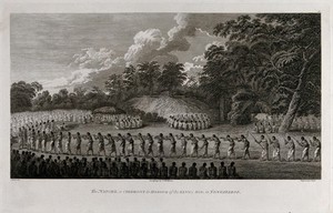 view A ceremony in honour of the king's son, on the island of Tongatapu. Engraving by J. Hall and S. Middiman, 1784, after J. Webber.