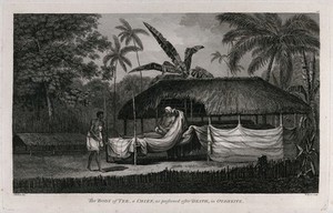 view The dead body of Tee, one of the chiefs of the island of Tahiti, in a state of preservation. Engraving by W. Byrne, 1784, after J. Webber.