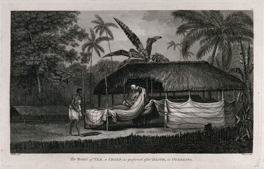 The dead body of Tee, one of the chiefs of the island of Tahiti, in a state of preservation. Engraving by W. Byrne, 1784, after J. Webber.