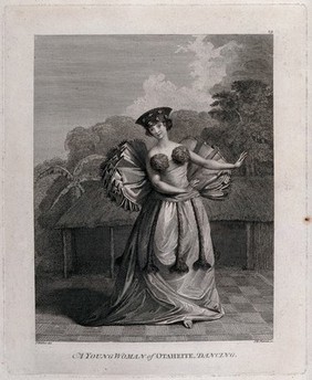 A young woman from Tahiti, dancing. Engraving by J.K. Sherwin, 1784, after J. Webber.