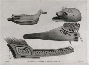 view Objects from Nootka Sound (British Columbia, Canada) encountered by Captain Cook on his third voyage (1777-1780). Engraving by J. Record, 1784, after J. Webber.