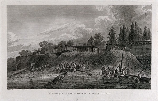 The shore of Nootka Sound, British Columbia, Canada, with some of its inhabitants encountered by Captain Cook on his third voyage (1777-1780). Engraving by S. Smith, 1784, after J. Webber.