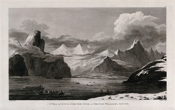 Snug Corner cove, in Prince William's Sound (Alaska); encountered by Captain Cook on his third voyage (1777-1780) Engraving by W. Ellis after J. Webber, 1780/1785.