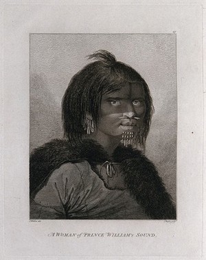 view A woman from Prince William Sound, Alaska, head and shoulders; encountered by Captain Cook on his third voyage (1777-1780). Engraving by J. Basire, 1784, after J. Webber.