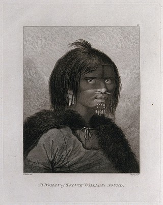 A woman from Prince William Sound, Alaska, head and shoulders; encountered by Captain Cook on his third voyage (1777-1780). Engraving by J. Basire, 1784, after J. Webber.