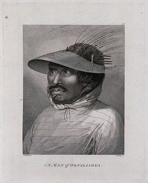 view A man from Unalaska Island, Alaska, head and shoulders; encountered by Captain Cook on his third voyage (1777-1780). Engraving by W. Sharp, 1784, after J. Webber.