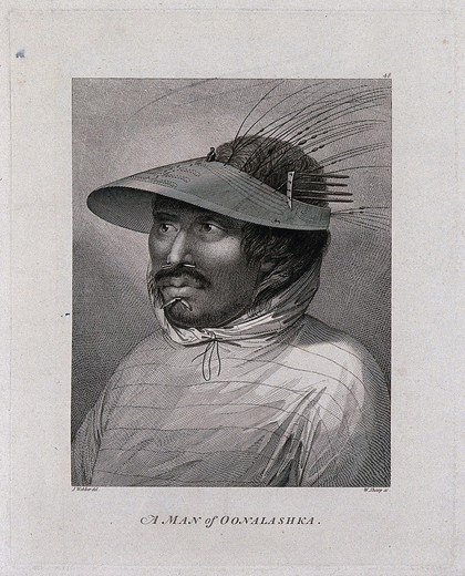 A man from Unalaska Island, Alaska, head and shoulders; encountered by Captain Cook on his third voyage (1777-1780). Engraving by W. Sharp, 1784, after J. Webber.