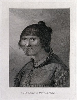 view A woman from Unalaska, Alaska, head and shoulders; encountered by Captain Cook on his third voyage (1777-1780). Engraving by J.M. Delattre, 1784, after J. Webber.