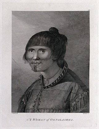 A woman from Unalaska, Alaska, head and shoulders; encountered by Captain Cook on his third voyage (1777-1780). Engraving by J.M. Delattre, 1784, after J. Webber.