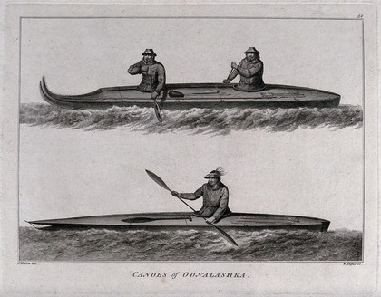 Men at Unalaska, Alaska, in canoes; encountered by Captain Cook on his third voyage (1777-1780). Engraving by W. Angus, 1784, after J. Webber.