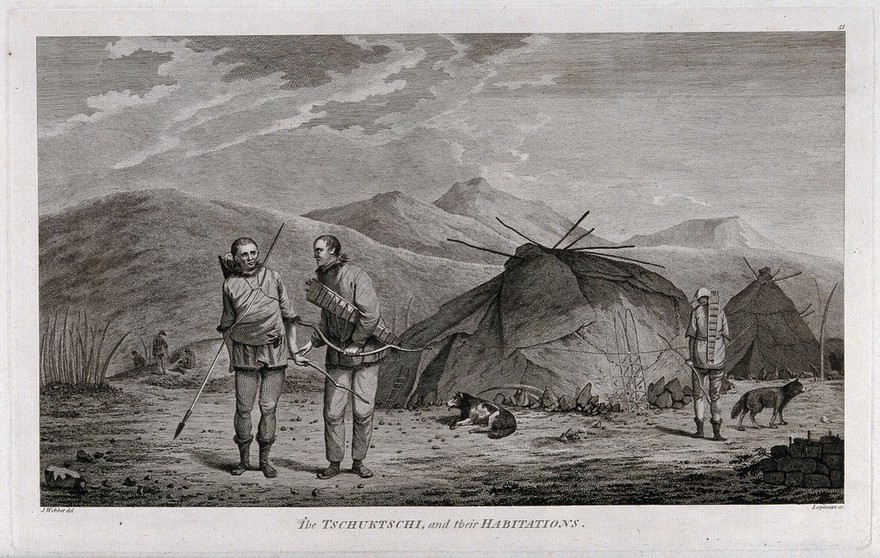 Chukchi people and housing encountered by Captain Cook on his third voyage (1777-1780). Engraving by D. Lerpiniere, 1784, after J. Webber.