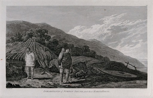 A man and a woman from Norton Sound (Alaska) in front of their hut; encountered by Captain Cook on his third voyage (1777-1780) Engraving by B.T. Pouncy after J. Webber, 1780/1785.