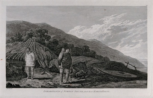 A man and a woman of Norton Sound, Alaska, in front of their hut; encountered by Captain Cook on his third voyage (1777-1780). Engraving by B.T. Pouncy, 1784, after J. Webber.