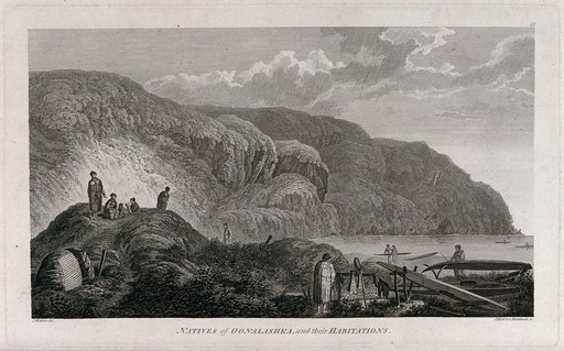 People from Oonalashka (Canada) and their huts; encountered by Captain Cook on his third voyage (1777-1780) Engraving by J. Hall and S. Middiman after J. Webber, 1780/1785.
