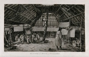 view Interior of a house occupied by men, women and children in Unalaska, Alaska, visited by Captain Cook on his third voyage (1777-1780). Engraving by W. Sharp, 1784, after J. Webber.