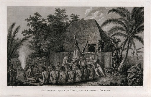 Captain Cook being offered a pig by the inhabitants of the Sandwich Islands during his third voyage (1777-1780). Engraving by S. Middiman and Hall after J. Webber, 1780/1785.
