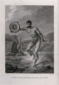 view A man from the Hawaiian Islands dancing; encountered by Captain Cook during his third voyage (1777-1780). Engraving by C. Grignion after J. Webber, 1780/1785.
