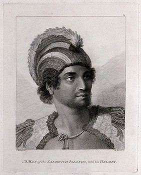 The Hawaiian chief Kana'ina (Kaneena) wearing a feather helmet. Engraving by J.K. Sherwin, 1784, after J. Webber.