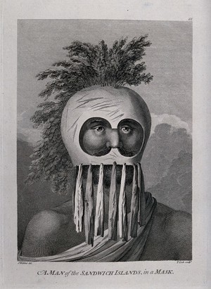 view A man from the Hawaiian Islands wearing a mask; encountered by Captain Cook on his third voyage (1777-1780). Engraving by T. Cook after J. Webber, 1780/1785.