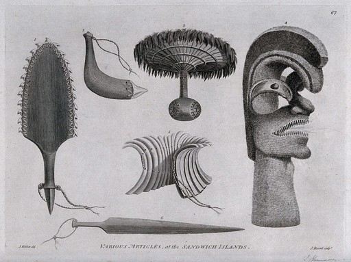 Objects from the Sandwich Islands, including a totem and a belt; encountered by Captain Cook on his third voyage (1777-1780) Engraving by J. Record after J. Webber, 1780/1785.
