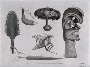 view Objects from the Hawaiian Islands. Engraving by J. Record, 1784, after J. Webber.