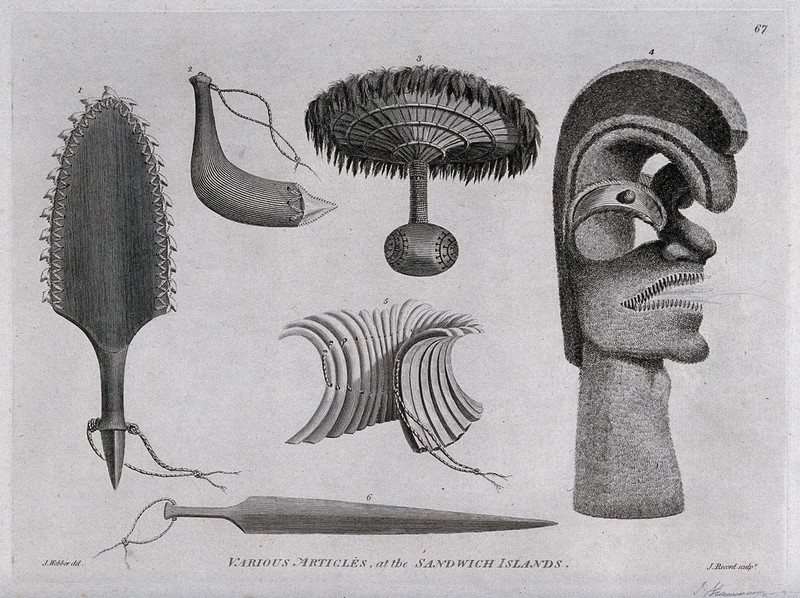 Objects from the Hawaiian Islands. Engraving by J. Record, 1784, after J. Webber., [1784], by John Webber