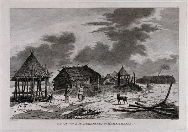 The village of Bolsheretsk in Kamchatka, with some of its inhabitants . Engraving by P. Benazech, 1784, after J. Webber.