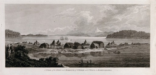 The town of St. Paul and St. Peter in Kamtschatka (Russia); encountered by Captain Cook on his third voyage (1777-1780) Engraving by B.T. Pouncy after J. Webber, 1780/1785.