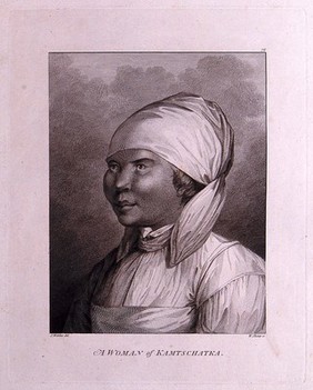 A woman from Kamchatka wearing a scarf on her head. Engraving by W. Sharp, 1784, after J. Webber.
