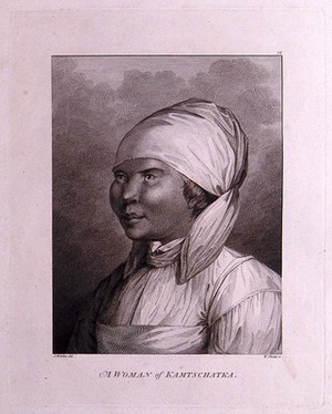 view A woman from Kamchatka wearing a scarf on her head. Engraving by W. Sharp, 1784, after J. Webber.