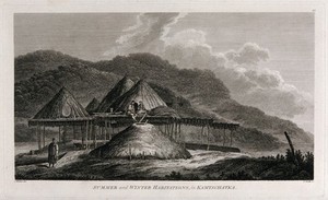 view Four summer houses and a winter dwelling in Kamchatka. Engraving by S. Smith, 1784, after J. Webber.