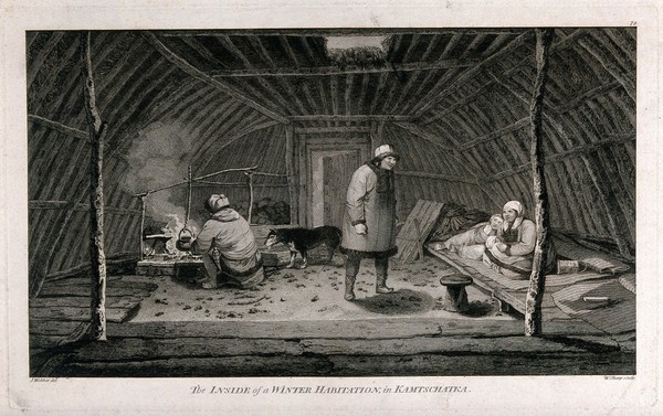 The interior of a winter dwelling in Kamchatka. Engraving by W. Sharp, 1784, after J. Webber.