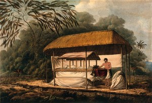 view The body of Vehiatua II, chief of Teahupo'o, lying in state in Tahiti two years after his death, as encountered by Captain Cook on his third voyage (1777-1780). Coloured soft-ground etching by J. Webber, 1789.