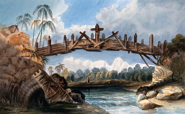 Honda, Colombia: a wooden bridge over the river Gualí. Coloured etching by C. Empson, 1836.