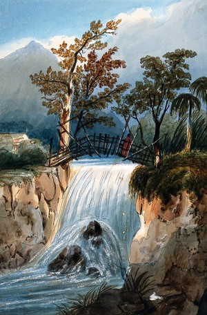 view Bocanema, Colombia: a waterfall. Coloured etching by C. Empson, 1836.